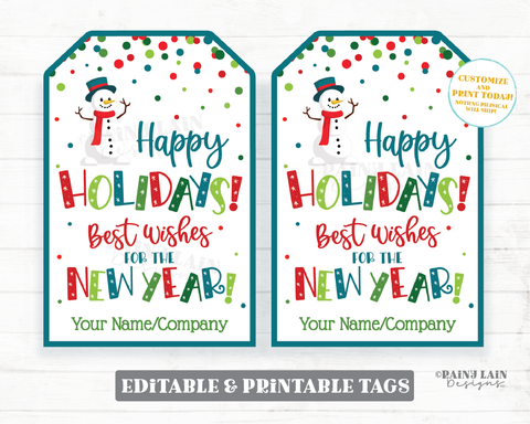 Happy Holidays Tags Best Wishes for the New Year Printable Christmas Editable Holiday Favor Tags Winter Snowman Confetti Holiday Tag