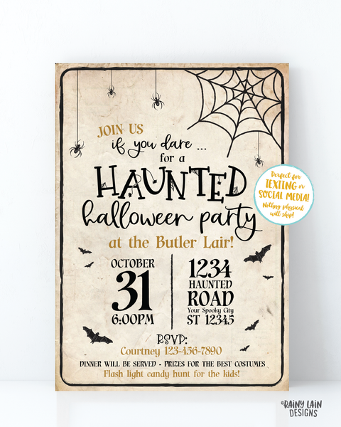 Haunted Halloween Party Invitation, Haunted Invitation, Halloween party invite, Haunted house invitation, spiders, bats, spider web invite