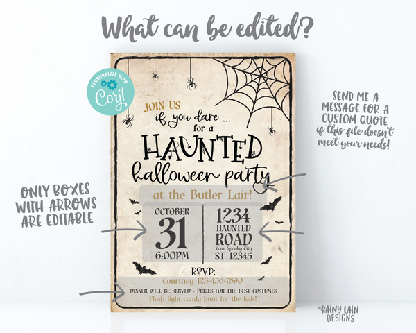 Haunted Halloween Party Invitation, Haunted Invitation, Halloween party invite, Haunted house invitation, spiders, bats, spider web invite
