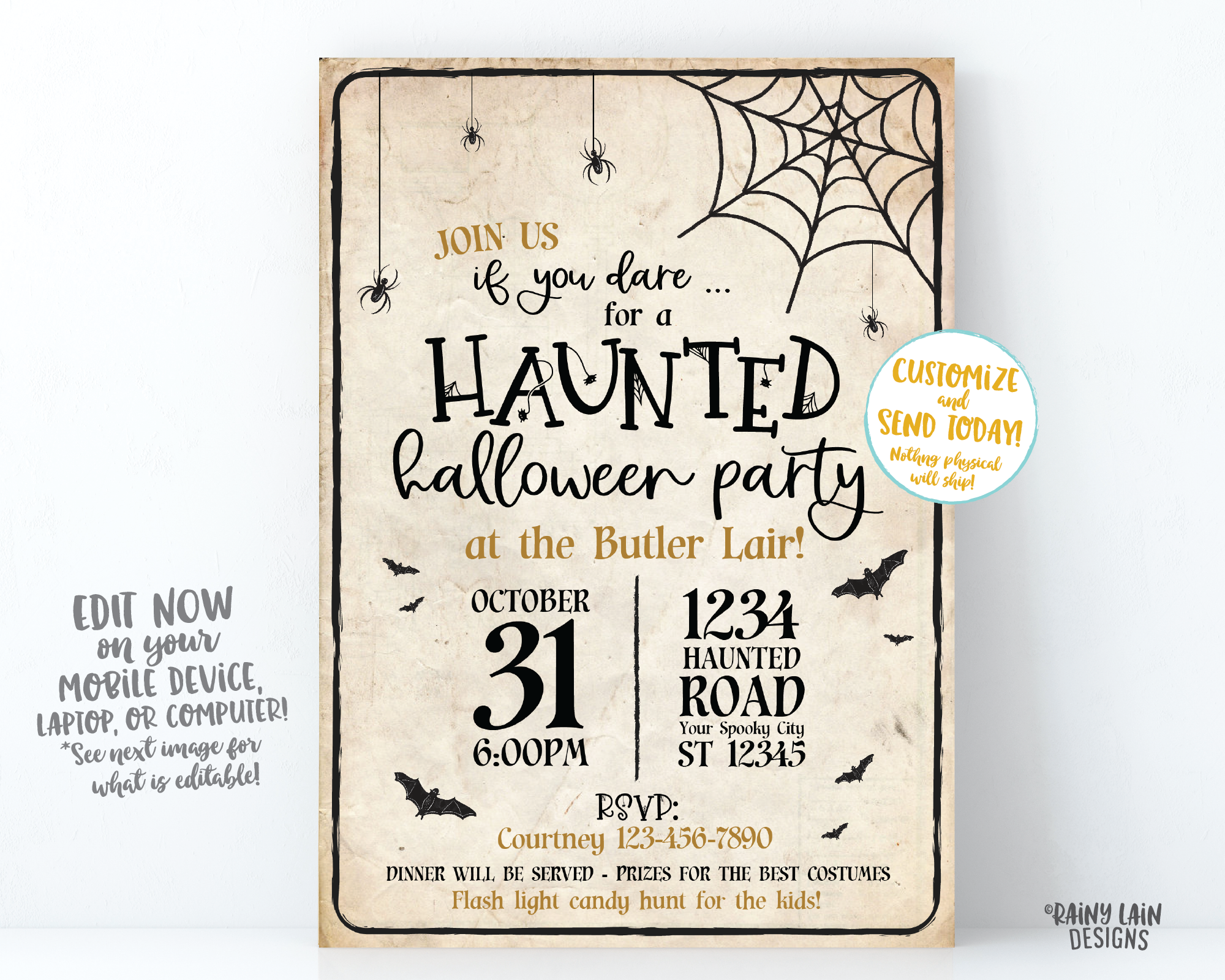 Haunted Halloween Party Invitation, Haunted Invitation, Halloween party invite, Haunted house invitation, spiders, bats, spider web invite