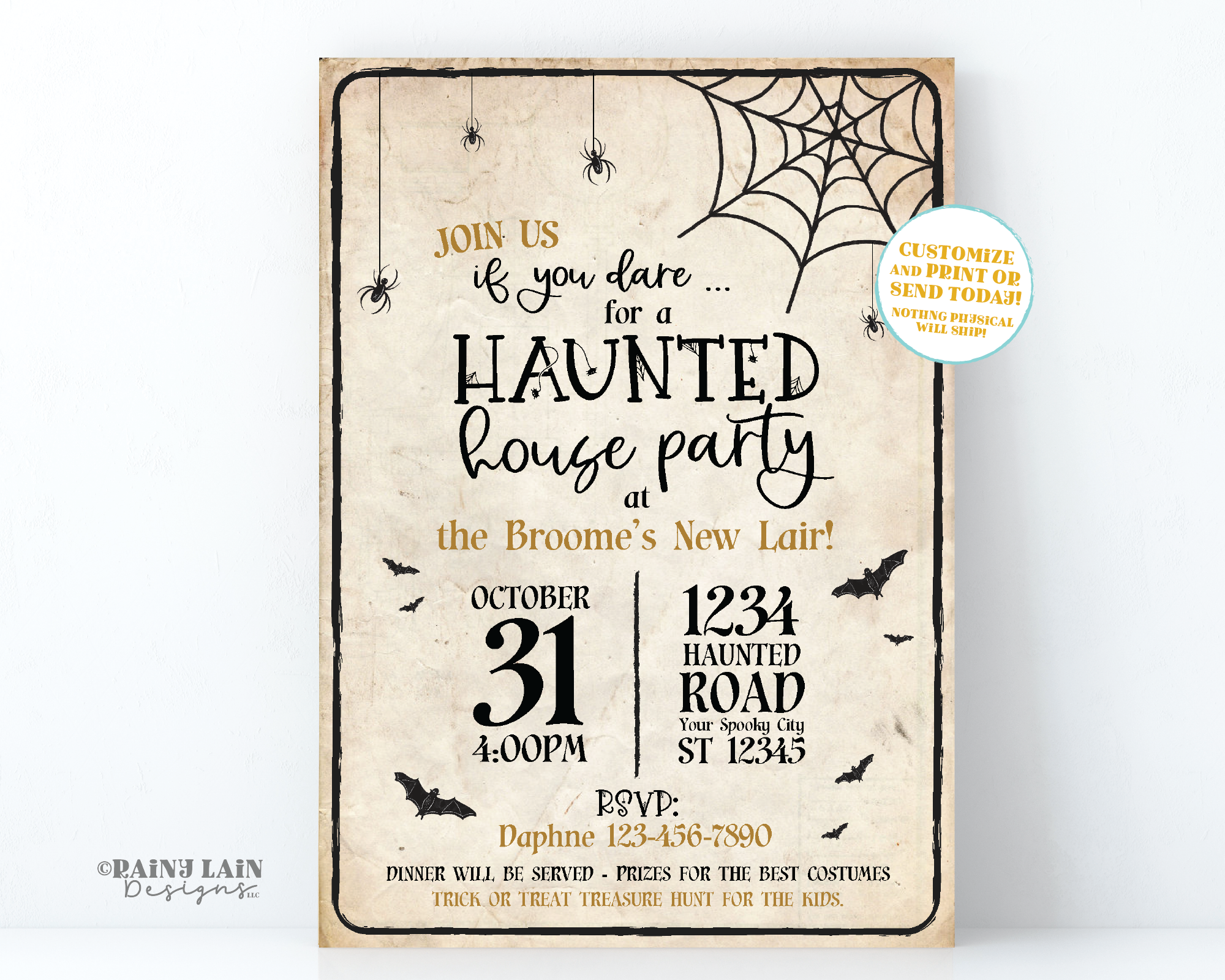 Haunted House Party Invitation Editable Halloween Party Invitation Printable Haunted House Invite Digital Spiders Bats Spiderwebs