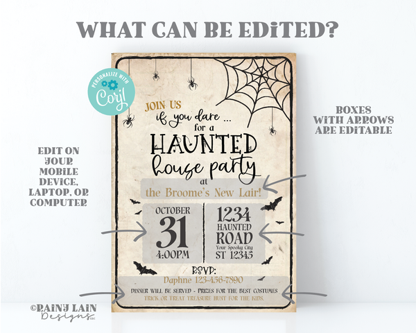 Haunted House Party Invitation Editable Halloween Party Invitation Printable Haunted House Invite Digital Spiders Bats Spiderwebs
