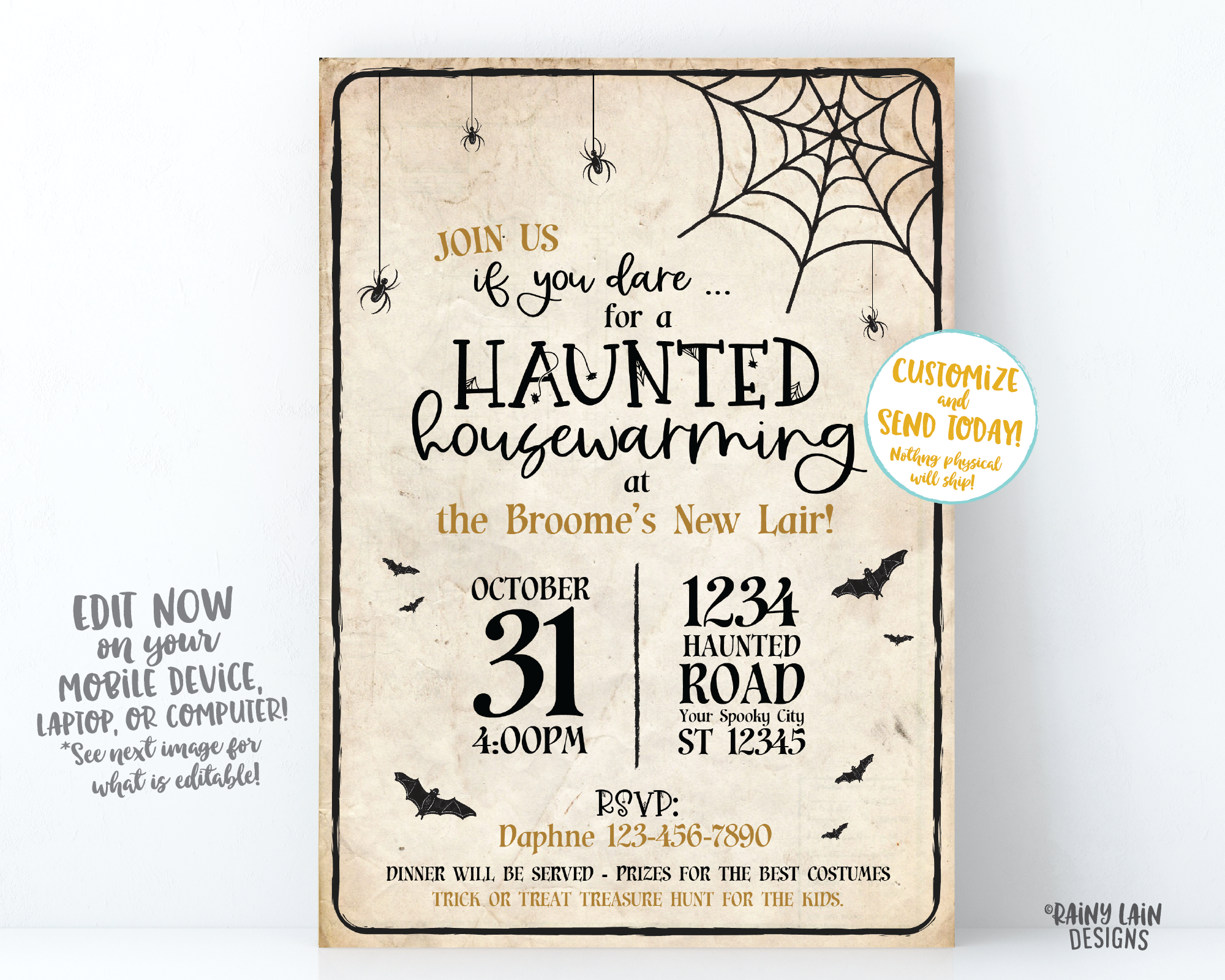 Halloween Housewarming Invitation, Haunted Housewarming Invitation, Halloween party invitation, Haunted house invitation, spiders, bats