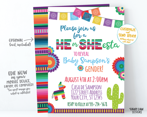 Fiesta Gender Reveal Invitation, Gender Reveal Ideas, He or She-esta Invite, Gender Reveal Fiesta Invite, Cactus, Piñata, Paper Fans, Serape