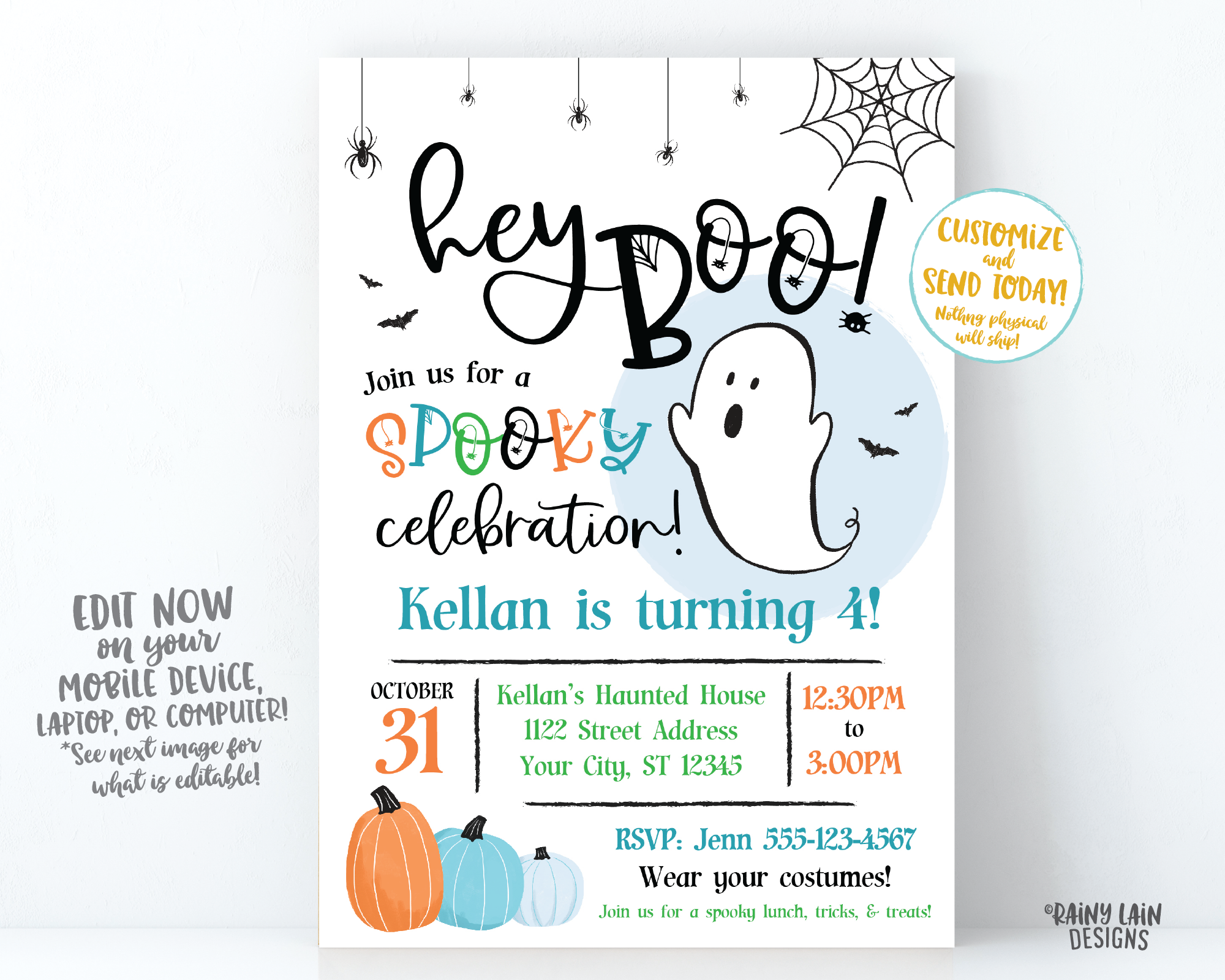 Hey Boo Halloween Party Invitation Halloween Birthday Party Invite Halloween party invite Boy Spooky invitation spider bats spider web ghost