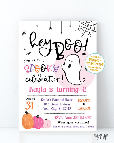Hey Boo Halloween Party Invitation Halloween Birthday Party Invite Halloween party invite Girl Spooky invite spider bats spider web ghost