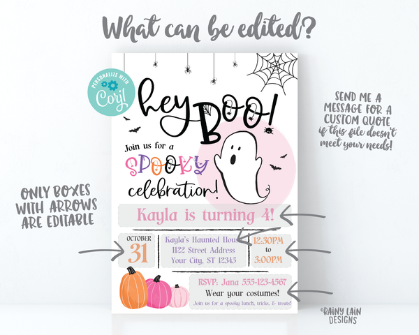 Hey Boo Halloween Party Invitation Halloween Birthday Party Invite Halloween party invite Girl Spooky invite spider bats spider web ghost
