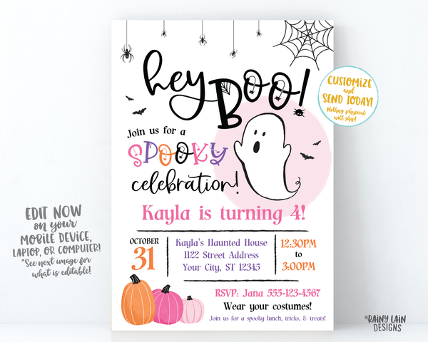 Hey Boo Halloween Party Invitation Halloween Birthday Party Invite Halloween party invite Girl Spooky invite spider bats spider web ghost