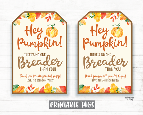 Pumpkin Bread Tag, Hey Pumpkin Tag, Nothing is Breader Than You Tag, Homemade Pumpkin, Teacher Coach Co-Worker Friend Neighbor Gift Favor