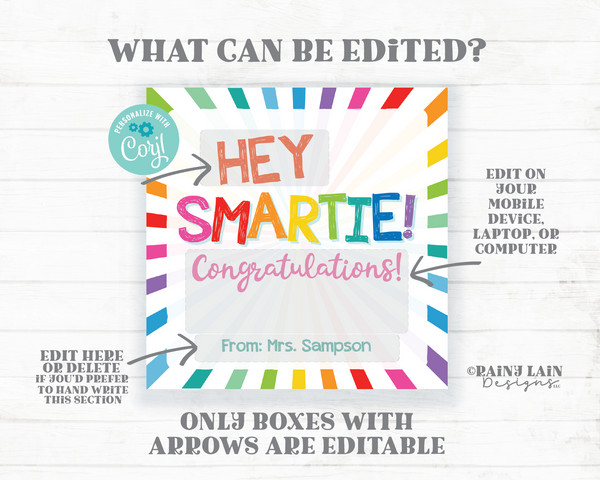 Hey Smartie Congratulations Card Smarty Tag Cookie Candy Graduation Middle School 5th Grade Junior High Preschool Printable Kids Editable