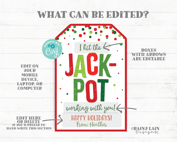 Hit the Jackpot Working With You Happy Holidays Tag Christmas Lottery Ticket Lotto Co-Worker Teacher Staff Employee PTO Gift Idea