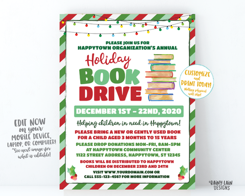 Holiday Book Drive Flyer, Christmas Book Drive Flyer, Book Invitation, Fundraiser Flyer, Christmas Fundraiser, Donations, Editable