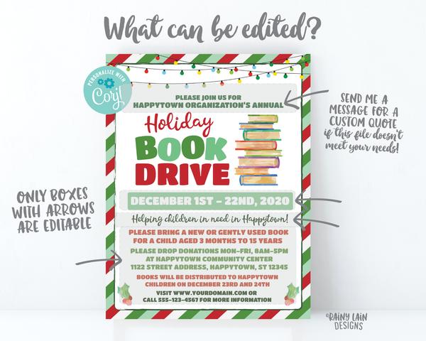 Holiday Book Drive Flyer, Christmas Book Drive Flyer, Book Invitation, Fundraiser Flyer, Christmas Fundraiser, Donations, Editable