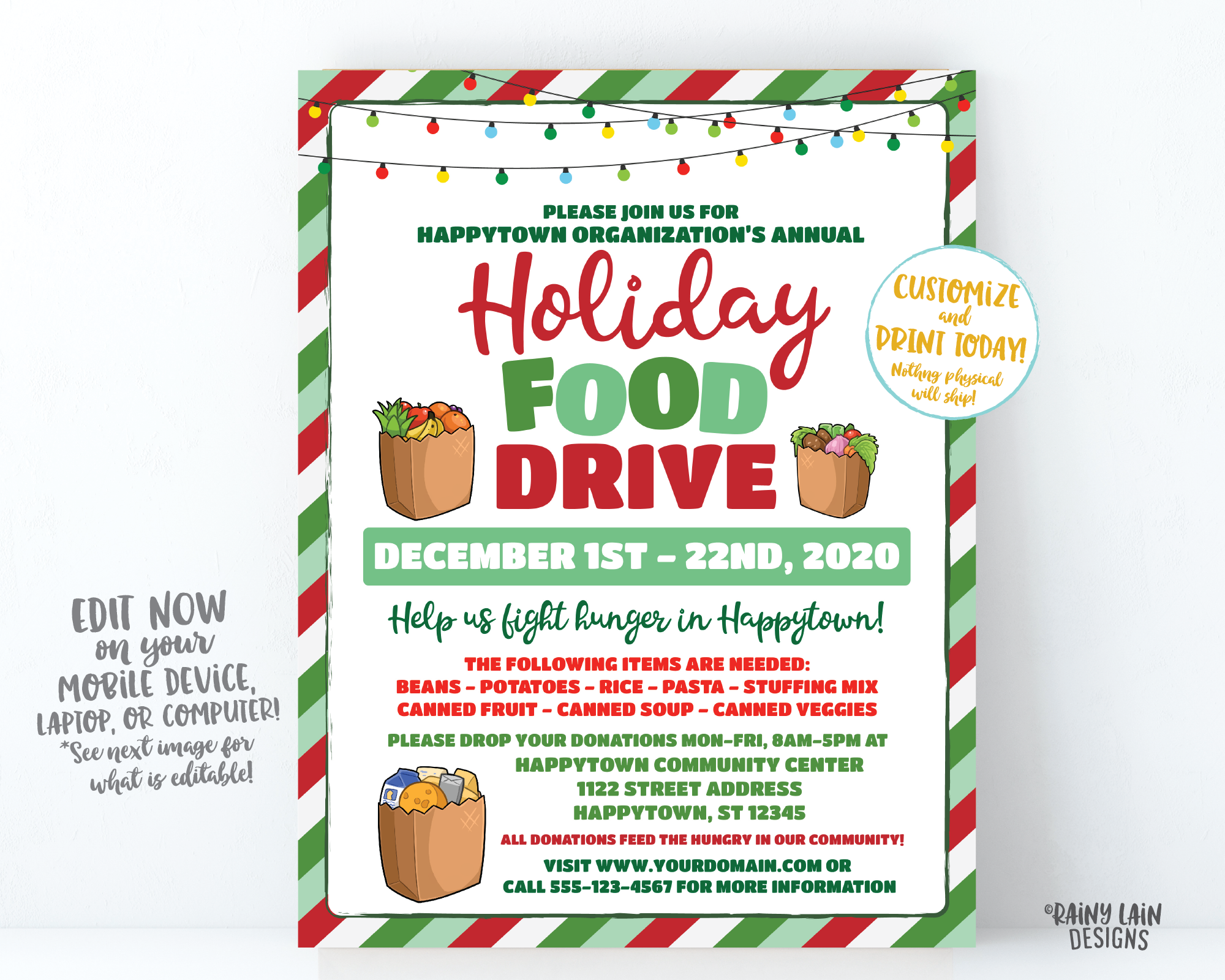 Holiday Food Drive Flyer, Christmas Food Drive, Winter Food Drive, Hunger Drive Flier, Invitation Information Card Digital Flyer Editable