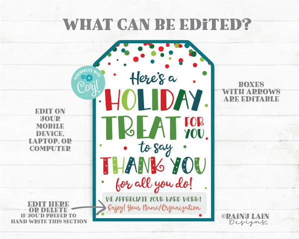 Holiday Treat for you Thank you Tag Christmas Appreciation Gift Tags Favor Tags Employee Company Essential Staff Teacher Thank you Sweet