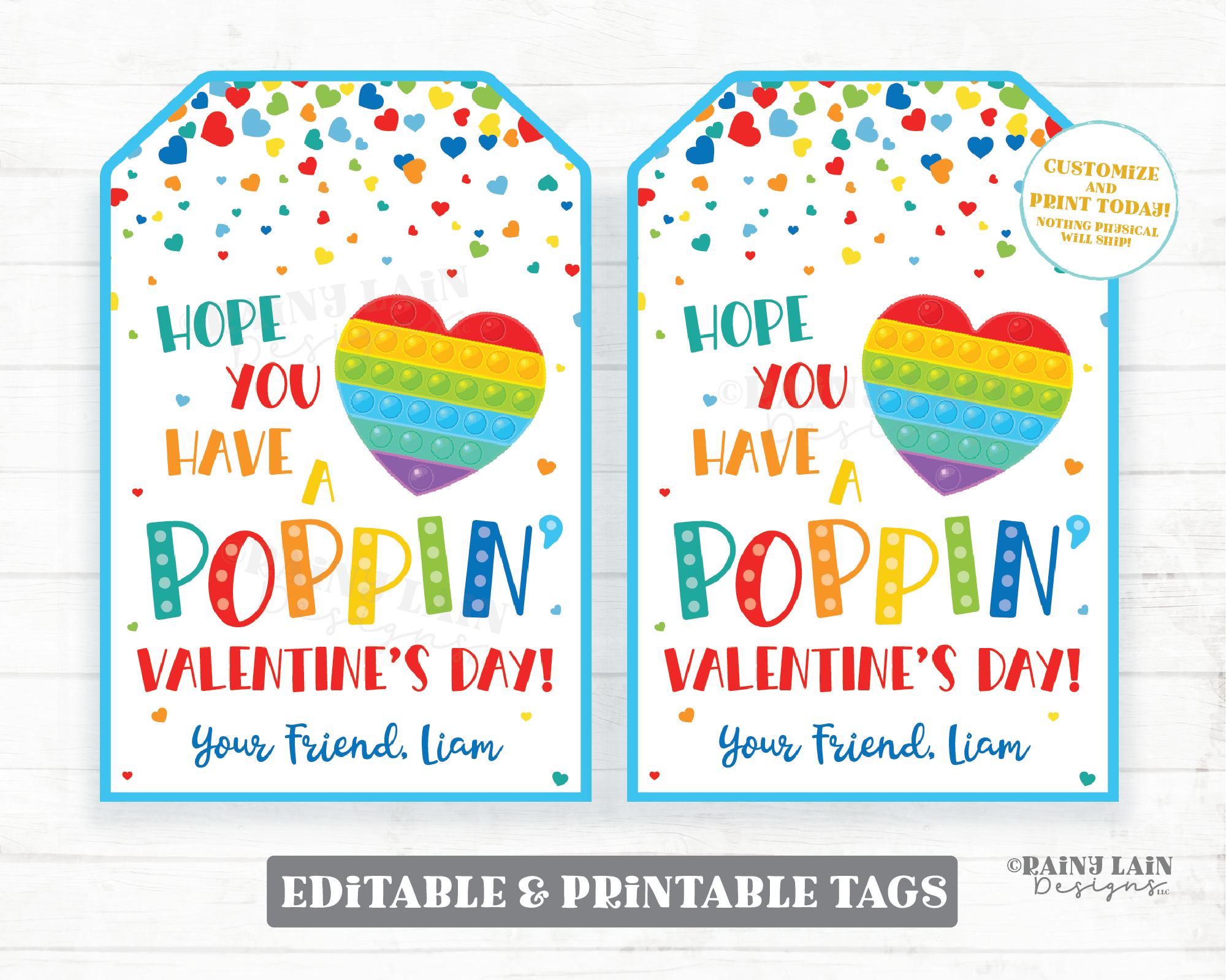 hopeyouhaveapoppinvday rainbowhearts blue white image have a poppin' valentine's day tag popping gifttag pop fidget toy