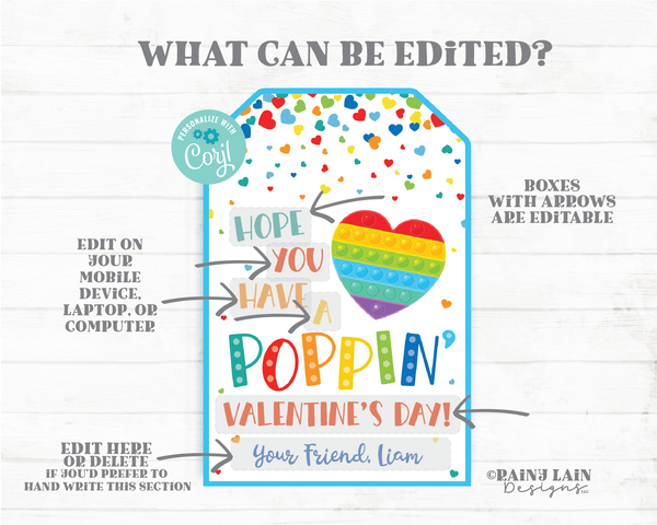 Have a Poppin' Valentine's Day Tag Popping GiftTag Pop Fidget Toy Preschool Classroom Printable Kids Editable Non-Candy Valentine Tag