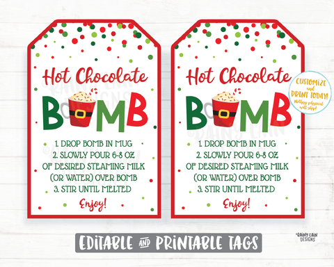 Christmas Hot Cocoa Bomb Tag, Editable Cocoa Bomb Tags, Peppermint Hot Chocolate Bomb Tags, You're the Bomb, Holiday Gift Tags Christmas Tag