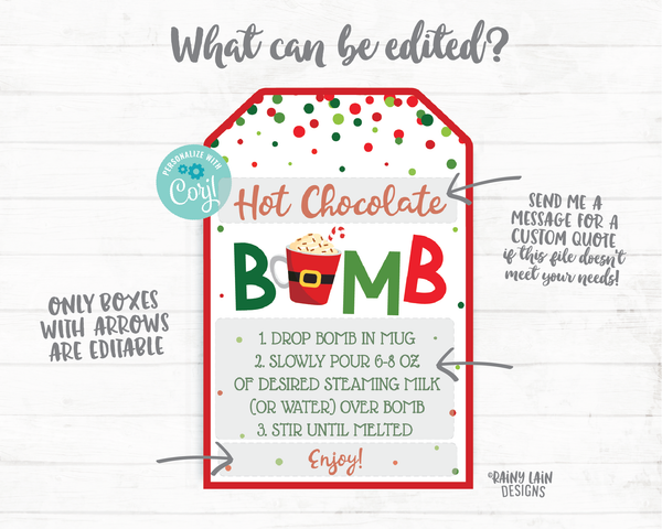 Christmas Hot Cocoa Bomb Tag, Editable Cocoa Bomb Tags, Peppermint Hot Chocolate Bomb Tags, You're the Bomb, Holiday Gift Tags Christmas Tag