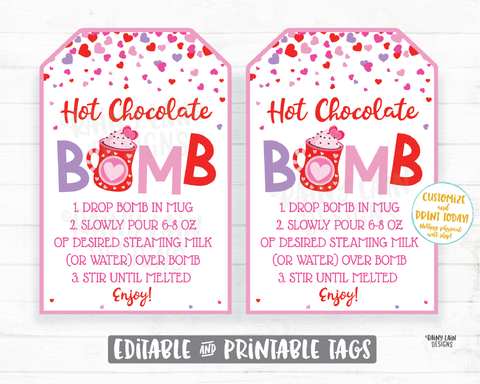 Valentine's Day Hot Chocolate Bomb Tag Editable Cocoa Bomb Tags Valentine Hot cocoa Bomb Tags You're the Bomb Classroom Valentines Preschool