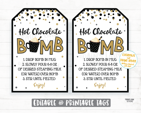 New Year's Eve Hot Cocoa Bomb Tag New Years Hot Chocolate Bomb Tags Editable Cocoa Bomb Tag You're the Bomb New Year Gift Tag Black and Gold