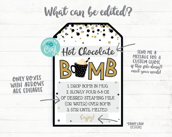 New Year's Eve Hot Cocoa Bomb Tag New Years Hot Chocolate Bomb Tags Editable Cocoa Bomb Tag You're the Bomb New Year Gift Tag Black and Gold