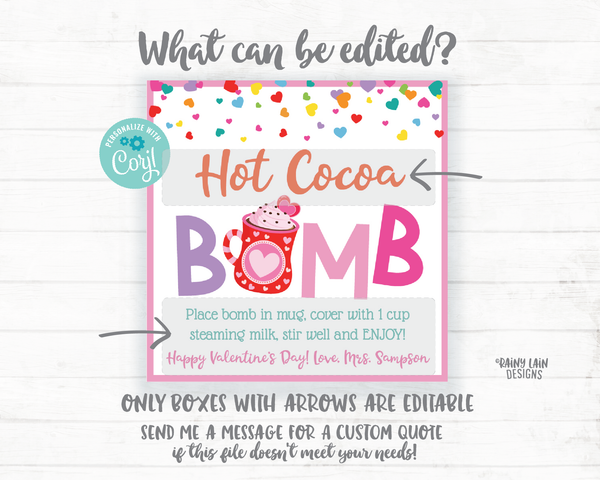 Valentine's Day Hot Chocolate Bomb Tags Hot Cocoa Bomb Valentine Tag You're the Bomb Preschool Printable Valentines Classroom Editable