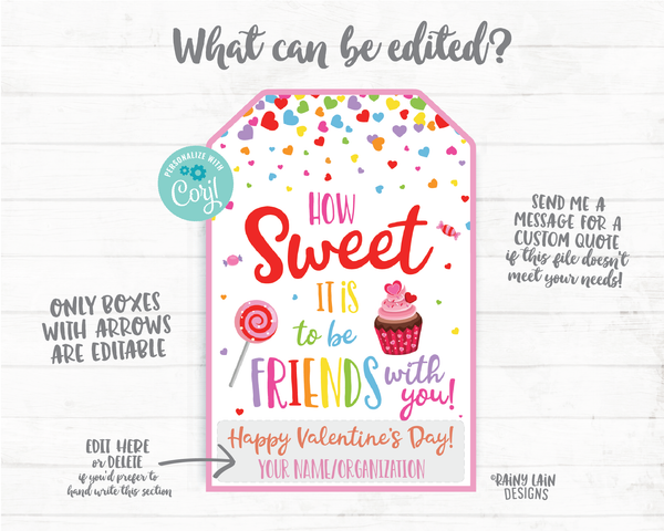 How sweet it is to be friends with you Valentine Treat Sucker Lollipop Candy Donut Cupcake Printable Kids Valentine Tag Preschool Classroom