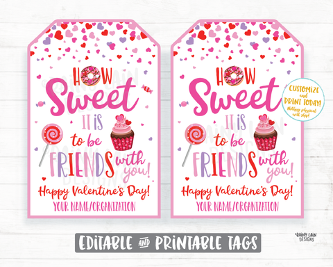 How sweet it is to be friends with you Valentine Treat Candy Donut Cupcake Sucker Lollipop Preschool Classroom Printable Kids Valentine Tag