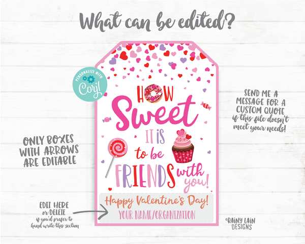 How sweet it is to be friends with you Valentine Treat Candy Donut Cupcake Sucker Lollipop Preschool Classroom Printable Kids Valentine Tag