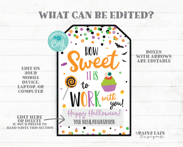 How Sweet it is to Work with you Halloween Gift Tag Staff Appreciation Co-Worker Employee Teacher Principal Printable Editable Halloween Tag