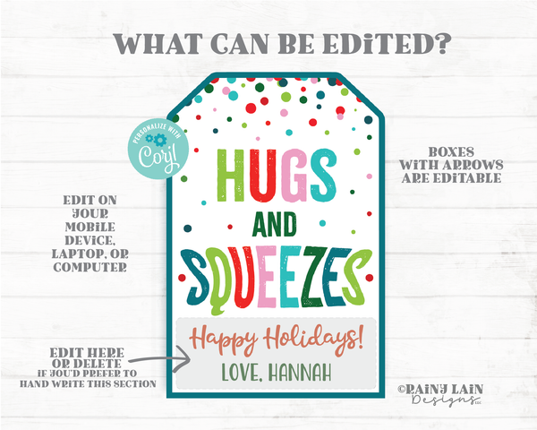 Holiday Squeeze Tags Hugs and Squeezes Christmas Squishie Applesauce Squishy Toy Squishee Christmas Gift Holiday Printable Kids editable Tag