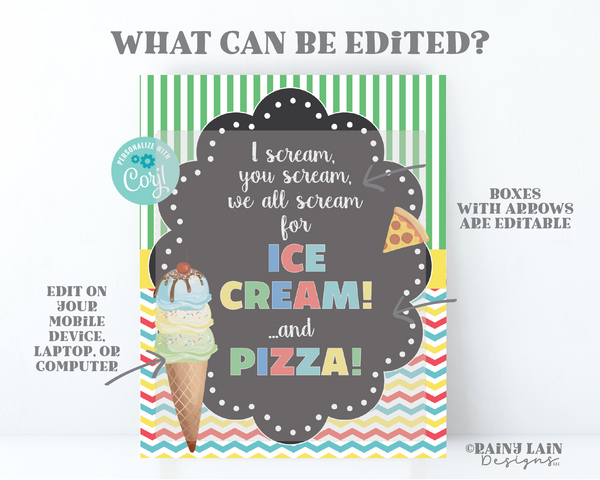 Editable Ice Cream and Pizza Party Pack Sign Food Tents Poster Thank You Note Chalkboard We all Scream for Ice Cream and Pizza