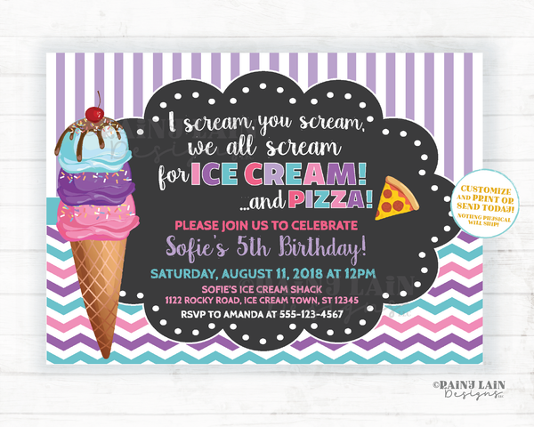 Chalkboard Ice Cream and Pizza Party Invite Pink Purple Teal Ice Cream Invitation We all Scream for Ice Cream Pizza and Ice Cream Party
