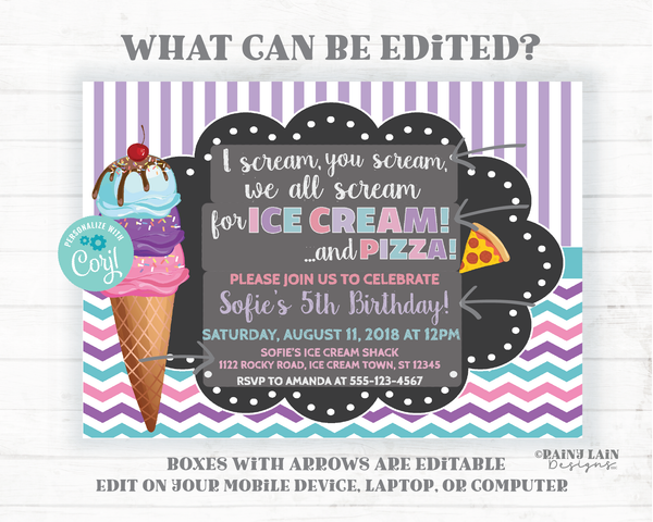 Chalkboard Ice Cream and Pizza Party Invite Pink Purple Teal Ice Cream Invitation We all Scream for Ice Cream Pizza and Ice Cream Party