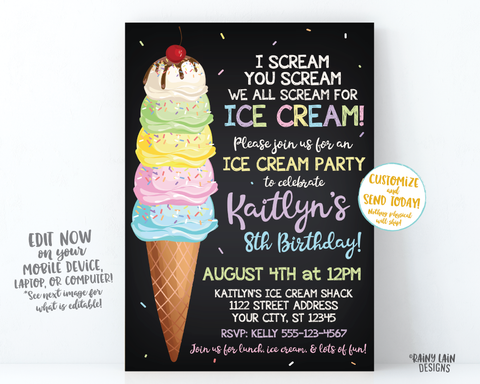 Ice Cream Party Invitation, Ice Cream Cone Invite, Chalkboard Ice Cream Invitation, I scream you scream we all scream for ice cream invite