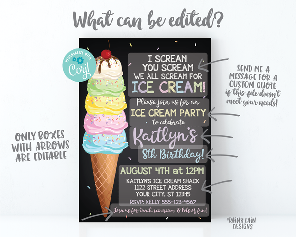 Ice Cream Party Invitation, Ice Cream Cone Invite, Chalkboard Ice Cream Invitation, I scream you scream we all scream for ice cream invite