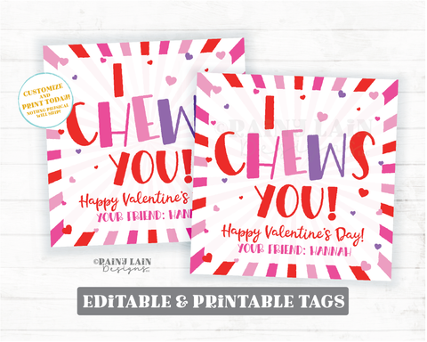I Chews You Valentine's Day Tag Bubble Gum Valentine Gum Ball Valentine Preschool Classroom Printable Kids Non-Candy Valentine Tag Editable