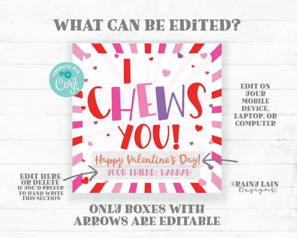 I Chews You Valentine's Day Tag Bubble Gum Valentine Gum Ball Valentine Preschool Classroom Printable Kids Non-Candy Valentine Tag Editable