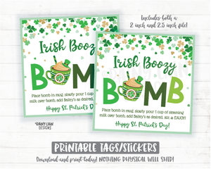 Irish Boozy Bomb Tag St Patrick's Day Hot Chocolate Bomb Adult St Pattys Cocoa Bomb Shamrocks Printable Bakery Cookie Tag Lucky Booze Bomb