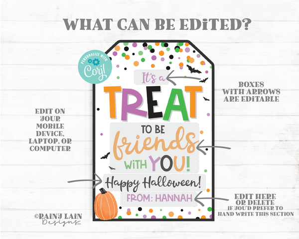 It's a Treat to be friends with you tag Halloween Friend Co-Worker Sweets Treats Classroom Preschool Classmate Gift Tags Printable