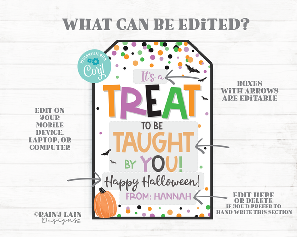 It's a Treat to be taught by you tag Halloween Teacher Gift Tag Teacher Appreciation Halloween School Staff Thank you tag Printable