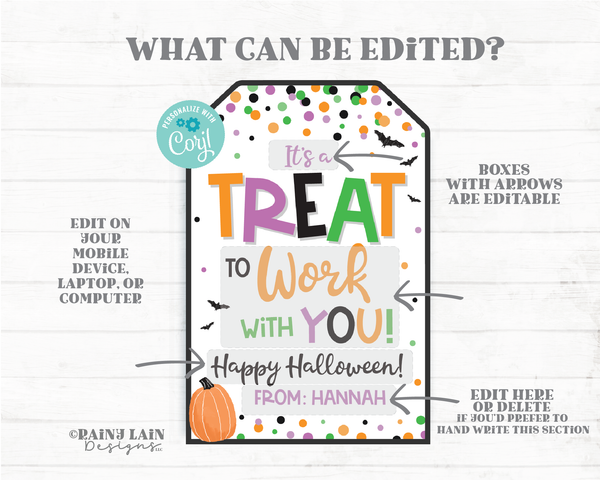 It's a Treat to Work with you Halloween Gift Tag Staff Appreciation Co-Worker Employee Teacher Principal Printable Editable Halloween Tag