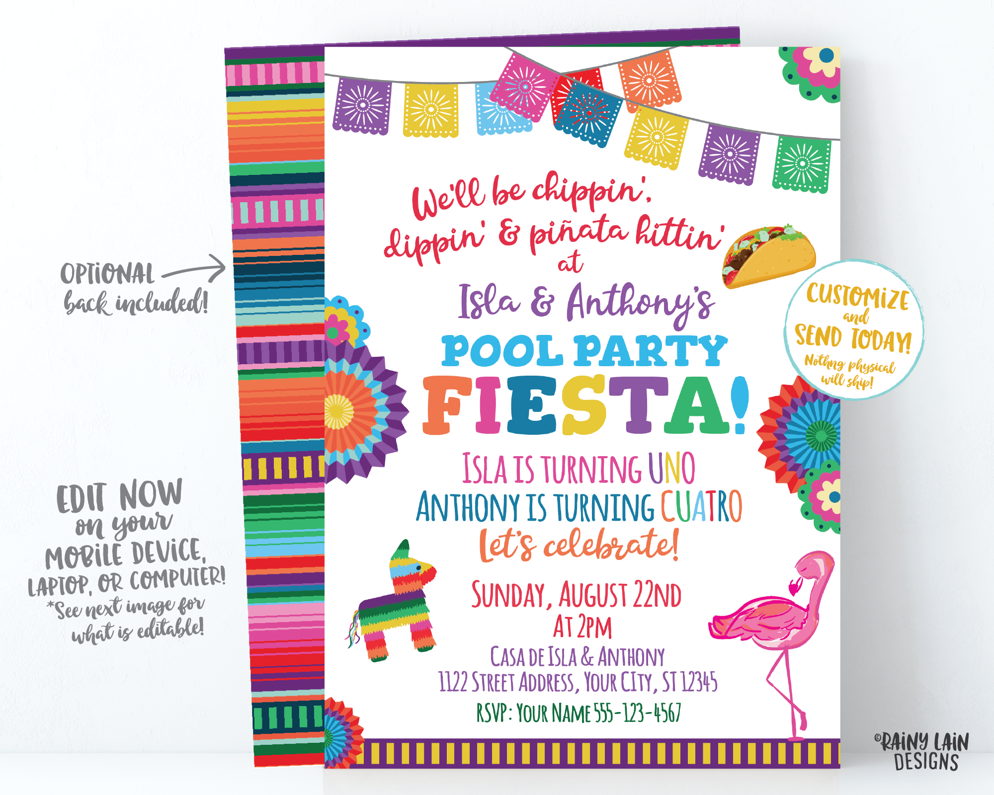 Joint Pool Party Invitation, Joint Fiesta Invite, Flamingo Pool Party, Sibling, Taco Pool Party, Piñata, Paper Fans, Papel Picado, Serape
