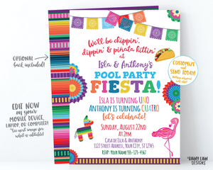 Joint Pool Party Invitation, Joint Fiesta Invite, Flamingo Pool Party, Sibling, Taco Pool Party, Piñata, Paper Fans, Papel Picado, Serape
