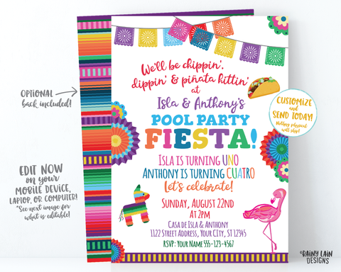Joint Pool Party Invitation, Joint Fiesta Invite, Flamingo Pool Party, Sibling, Taco Pool Party, Piñata, Paper Fans, Papel Picado, Serape