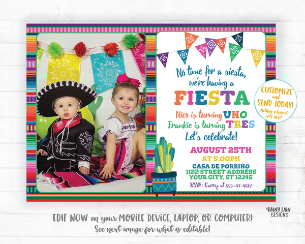 Joint Fiesta Invitation Sibling Fiesta Invite Sibling Birthday Cousin Mexican Fiesta Cactus Papel Picado No time to siesta photo invite twin