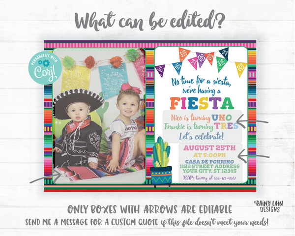 Joint Fiesta Invitation Sibling Fiesta Invite Sibling Birthday Cousin Mexican Fiesta Cactus Papel Picado No time to siesta photo invite twin