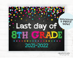 Last Day of 8th Grade Sign Eighth Grade End of School Year Chalkboard Printable Rainbow Confetti School's Out Summer 2021-2022
