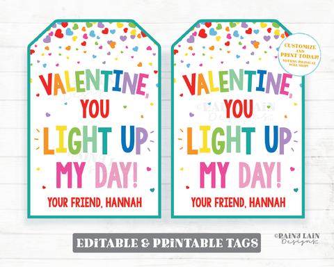 You light up my day Finger lights Valentine Tag Glow Stick Lite bracelet Preschool Valentines Non-Candy Classroom Printable Valentine Tags
